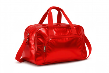 Stylish red travel bag with short handles and shoulder strap, isolated on transparent background, ready for travel and adventure