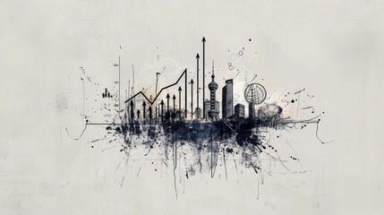 Creative illustration depicting city skyline with various upward trends and graphs, symbolizing growth and progress business and finance. artwork combines abstract elements with modern aesthetic
