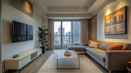 Fototapeta premium Modern living room with city view and contemporary furniture