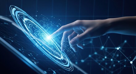 Hand touching a futuristic digital interface with glowing data streams