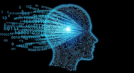 Human head silhouette made of digital circuits and binary code