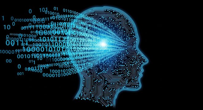 Human head silhouette made of digital circuits and binary code