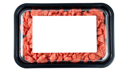 Black plastic tray containing raw minced beef and blank label mockup packaging isolated on transparent background