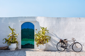 Wall with cactuses, bicycle and door in Ostuni, Apulia, Italy