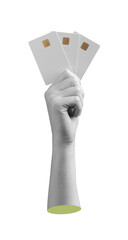 Credit card mockup for finance and business. Female hand holding several nameless plastic cards for