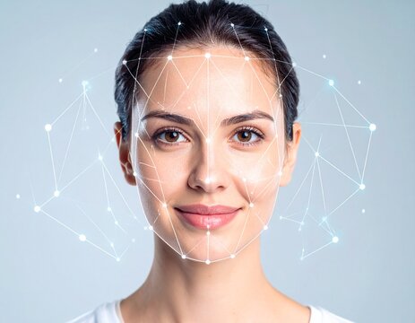 Facial recognition technology scanning a woman's face with digital data points and lines.