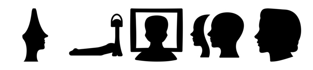 Black and white silhouettes of heads and abstract shapes arrangement