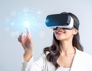 Smiling businesswoman using a VR headset and interacting with a digital interface.