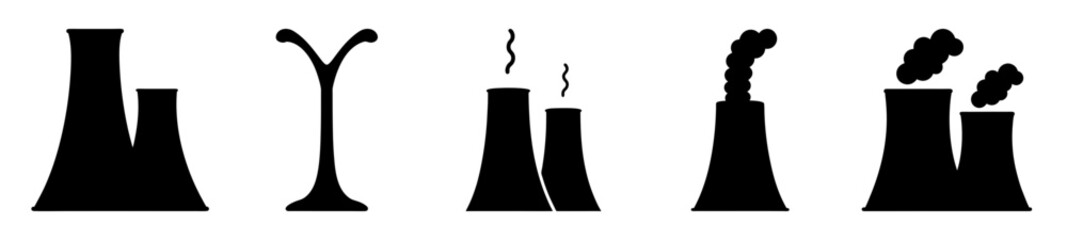 Illustrations of power plant chimneys or industrial stacks showing different emission levels