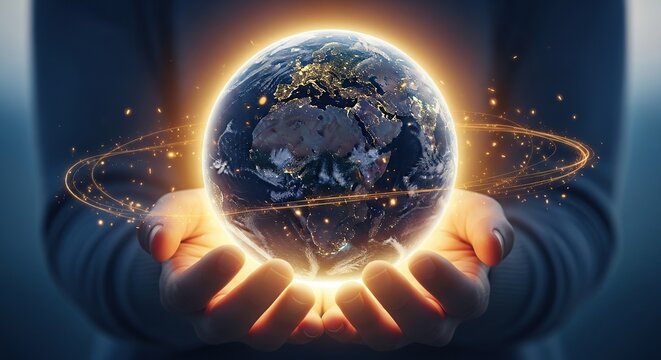 Person holding a glowing earth globe with bright energy and light