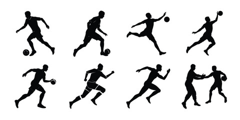 Vector art of dynamic silhouettes of soccer and football players in motion, including kicking, running, and passing, isolated on white background