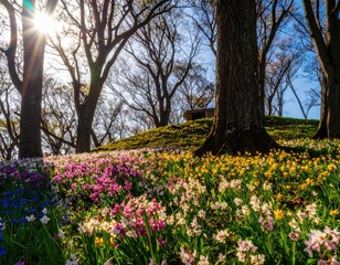 Fototapeta premium Vibrant Spring Flowers and Trees in a Sunny Park