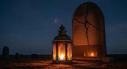 Obraz premium Vintage lantern illuminates a cracked tombstone in a quiet graveyard under a starry night sky.