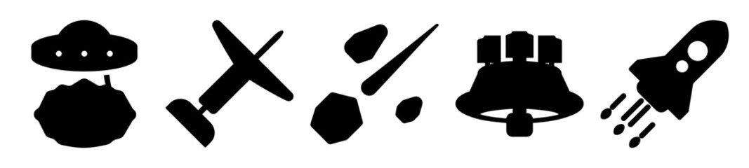 Collection of various black and white simple space themed icons in a row