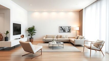 Fototapeta premium A stylish modern living room with minimalist furniture, featuring clean lines and warm ambient lighting.