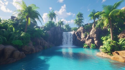 Tropical waterfall cascading into a tranquil pool surrounded by lush greenery.
