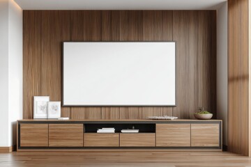 Modern minimalist living room with a large blank TV frame