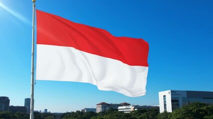 Indonesian flag waving against a blue sky set amidst buildings and trees