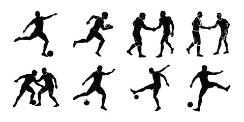 Vector art of group of soccer player silhouettes in action, including handshake, isolated on white background