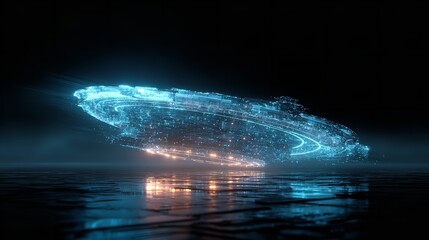 UFO, unidentified flying object, or aliens modern spaceship with light beam flying on dark cloudy sky over someplace in the earth. Generative AI.