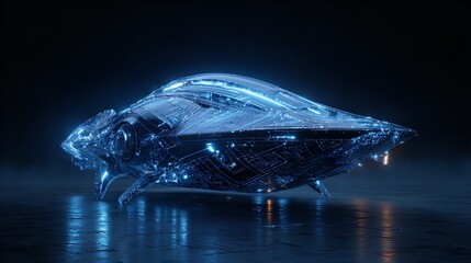 UFO, unidentified flying object, or aliens modern spaceship with light beam flying on dark cloudy sky over someplace in the earth. Generative AI.