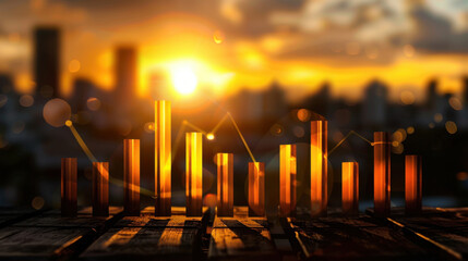 Stunning sunset casts warm glow over city skyline, with abstract bar graphs in foreground symbolizing growth and progress. scene evokes sense of optimism and potential