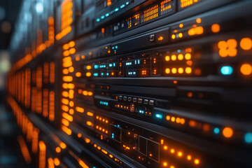 Modern Data Center Server Room With Glowing LED Lights In Orange Blue Network Infrastructure Technology Digital Computing Environment Equipment Racks


