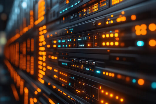 Modern Data Center Server Room With Glowing LED Lights In Orange Blue Network Infrastructure Technology Digital Computing Environment Equipment Racks