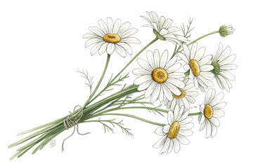 Watercolor daisies bouquet isolated on transparent background for decoration projects.