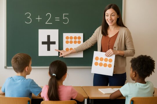 Elementary school teacher uses visual aids to explain addition to her class of diverse students