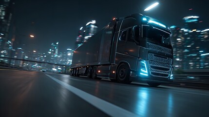 Futuristic Technology Concept: Autonomous Semi Truck with Cargo Trailer Drives at Night on the Road with Sensors Scanning Surrounding. Special Effects of Self Driving Truck Digitalizing Freeway
