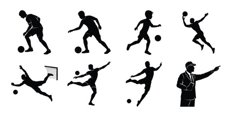 Vector art of set of dynamic soccer and football player silhouettes showcasing various actions like kicking and running, isolated on white