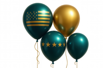 Patriotic teal, gold balloons with us flag and star-patterned design commemorating national holiday on transparent backdrop