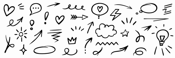 Hand-drawn Doodle Icons: Arrows, Hearts, Speech Bubbles & More