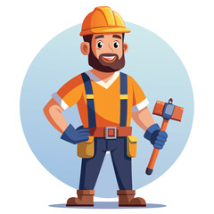 Cartoon Construction Worker Ready to Build Holding a Hammer, Tool Belt, Wearing Yellow Hard Hat and Orange Safety Vest