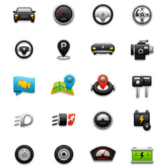 Fototapeta premium Collection of car and driving related icons; speedometer, steering wheel, engine, map, battery.