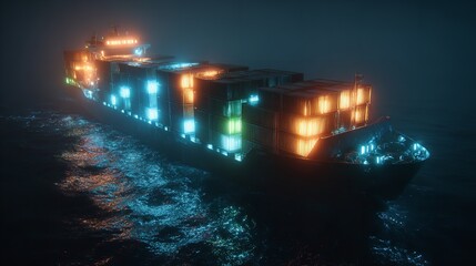 sea container ship moving on the sea, night, view from the water