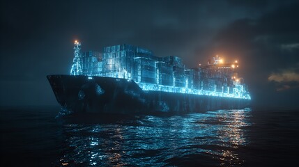 sea container ship moving on the sea, night, view from the water