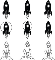 Obraz premium Minimalist rocket launch vector illustrations, a black and white line art icon set for business startups, innovation, and technology concepts.