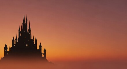 Dark silhouette of a fairytale castle against a dramatic orange and red sunset sky