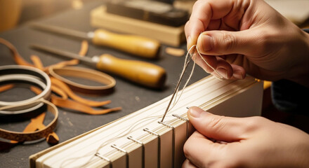 Artisan Hands Stitching Book Spine: Traditional Bookbinding Craft in a Workshop