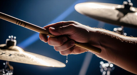 Drummer's Hand with Stick and Sweat Drop During Performance