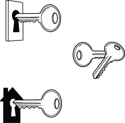 Vintage key and keyhole vector illustrations, a set of black and white icons representing security, access, solutions, and home ownership concepts.