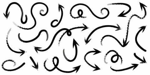 Collection of hand drawn black and gray arrows with textured brush strokes