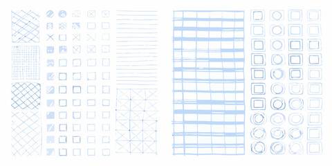 Collection of hand drawn geometric patterns and shapes in light blue