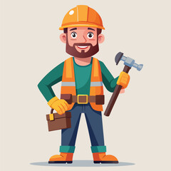 Fototapeta premium Cartoon Construction Worker Ready to Build Holding a Hammer, Tool Belt, Wearing Yellow Hard Hat and Orange Safety Vest