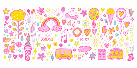 Whimsical doodle collection of cute and colorful elements