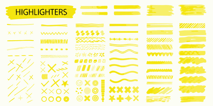 Collection of yellow highlighter brush strokes and marks