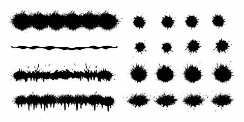 Collection of black ink splatter brush strokes and splats