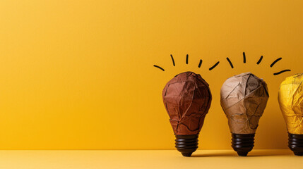 Crumpled paper light bulbs in brown, beige, and yellow colors against bright yellow background create playful and creative atmosphere, symbolizing ideas and innovation